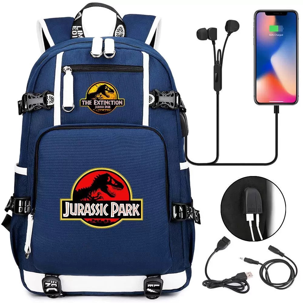 The Extinction Jurassic Park USB Charging Backpack School NoteBook Laptop Travel Bags