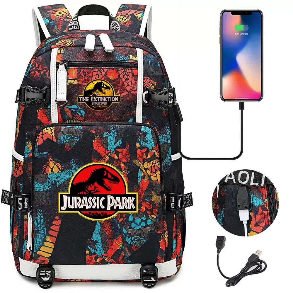 The Extinction Jurassic Park USB Charging Backpack School NoteBook Laptop Travel Bags