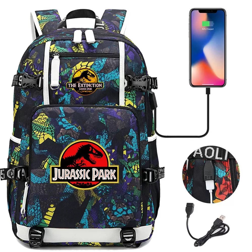 The Extinction Jurassic Park USB Charging Backpack School NoteBook Laptop Travel Bags