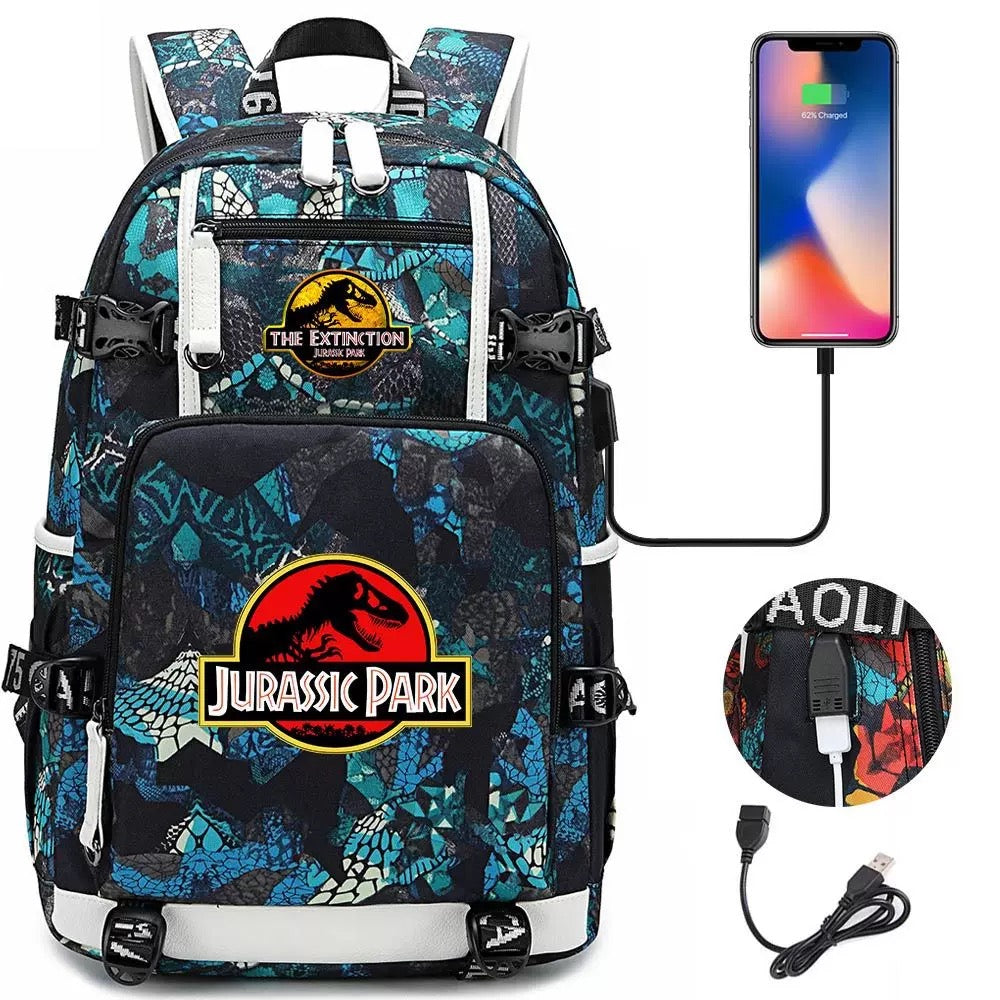 The Extinction Jurassic Park USB Charging Backpack School NoteBook Laptop Travel Bags