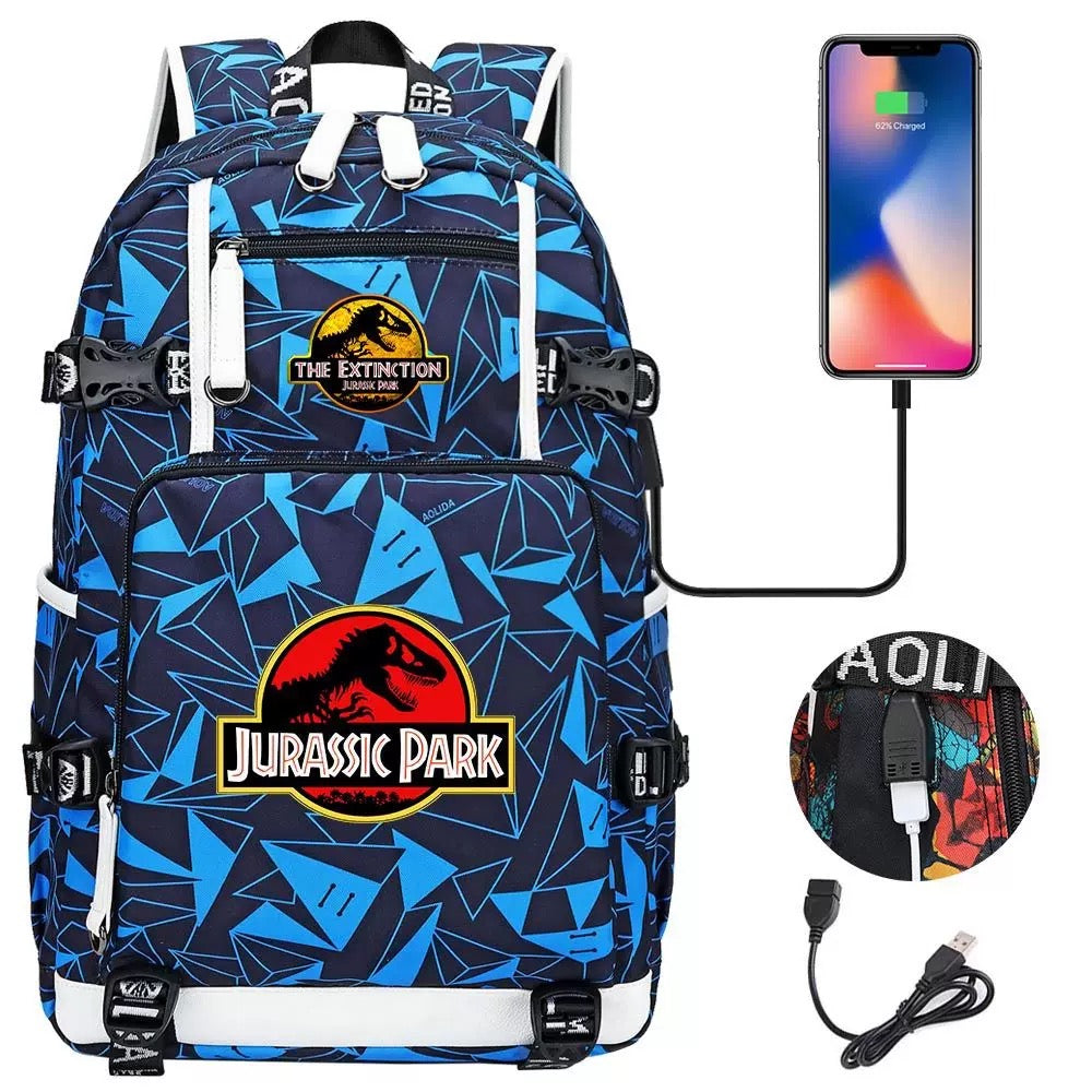 The Extinction Jurassic Park USB Charging Backpack School NoteBook Laptop Travel Bags