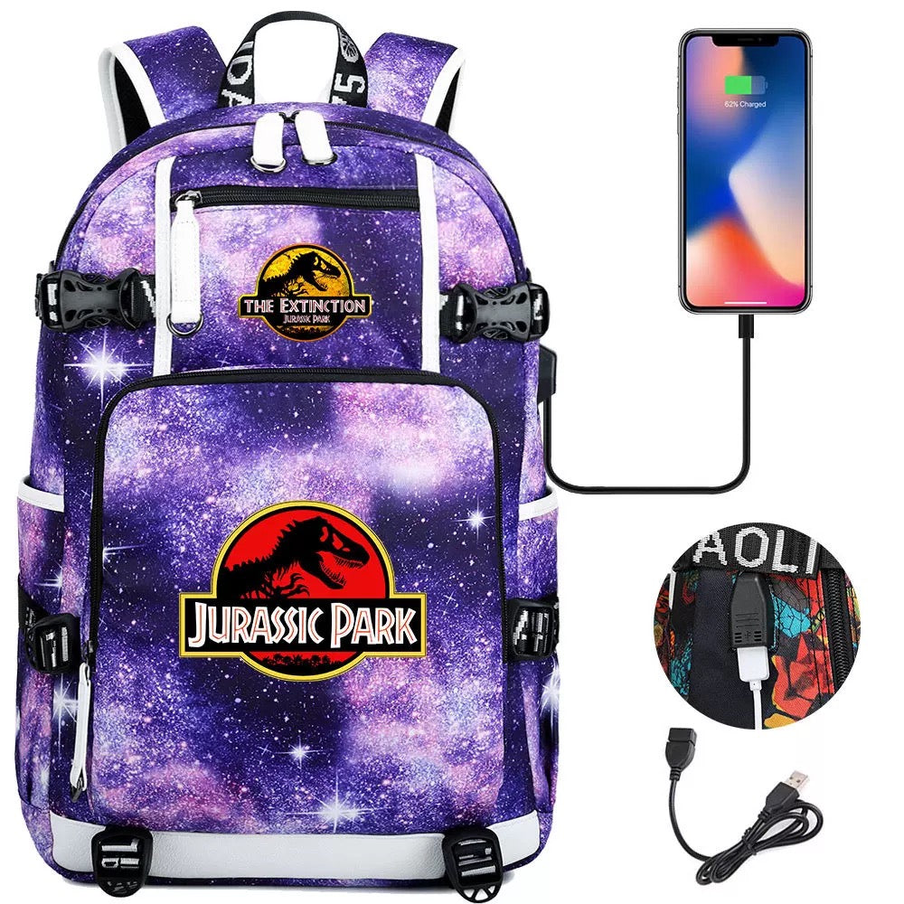 The Extinction Jurassic Park USB Charging Backpack School NoteBook Laptop Travel Bags