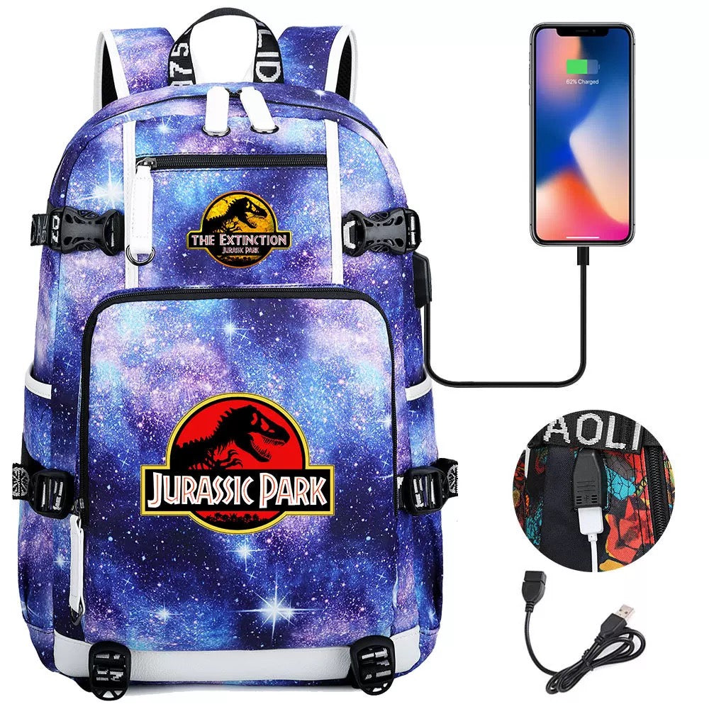 The Extinction Jurassic Park USB Charging Backpack School NoteBook Laptop Travel Bags