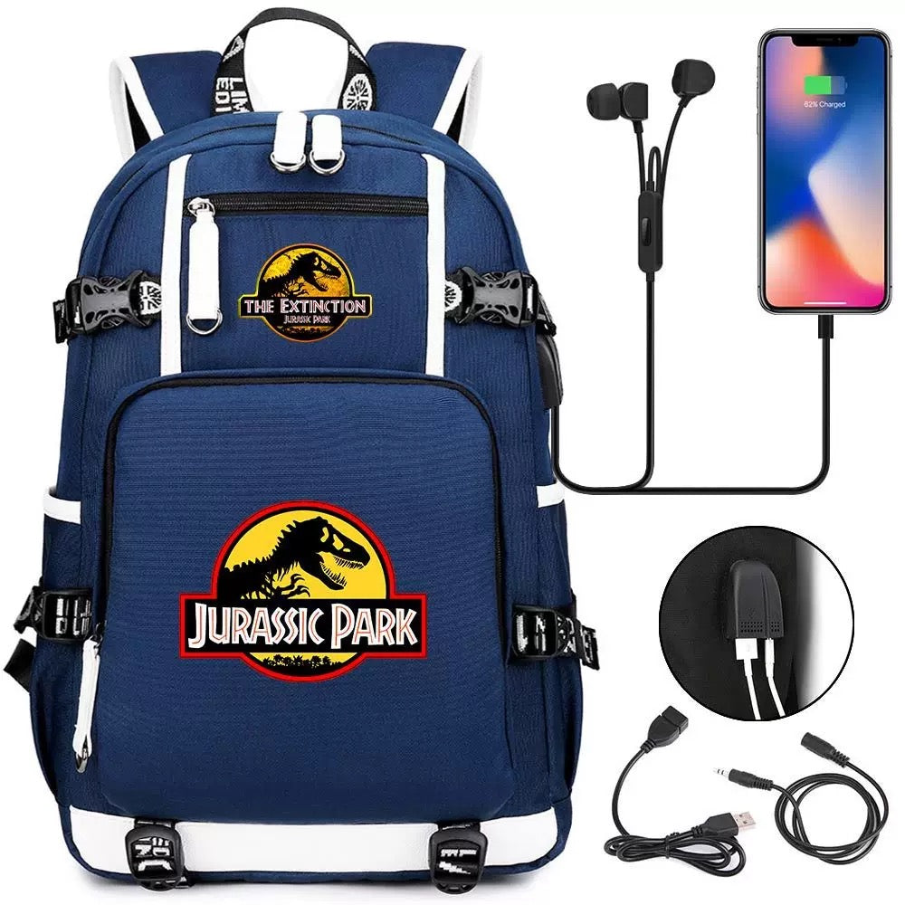 The Extinction Jurassic Park USB Charging Backpack School NoteBook Laptop Travel Bags