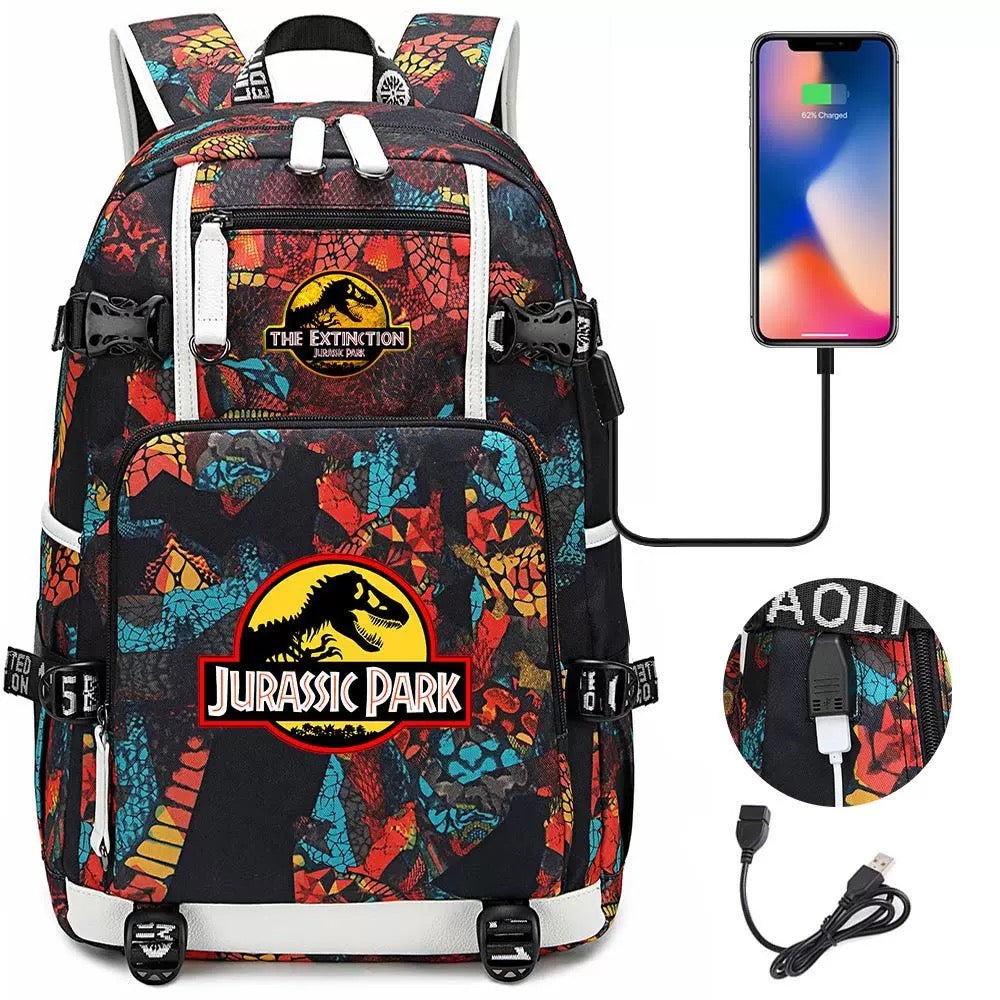 The Extinction Jurassic Park USB Charging Backpack School NoteBook Laptop Travel Bags