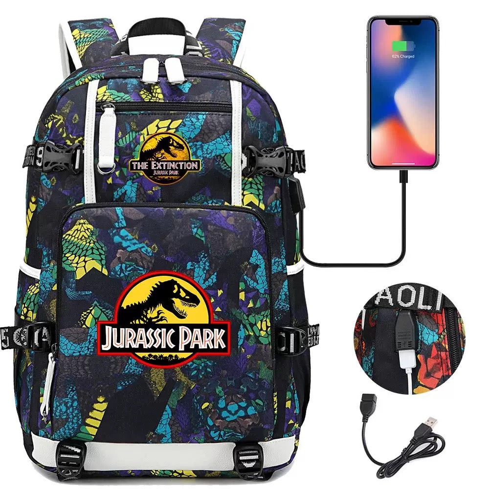 The Extinction Jurassic Park USB Charging Backpack School NoteBook Laptop Travel Bags