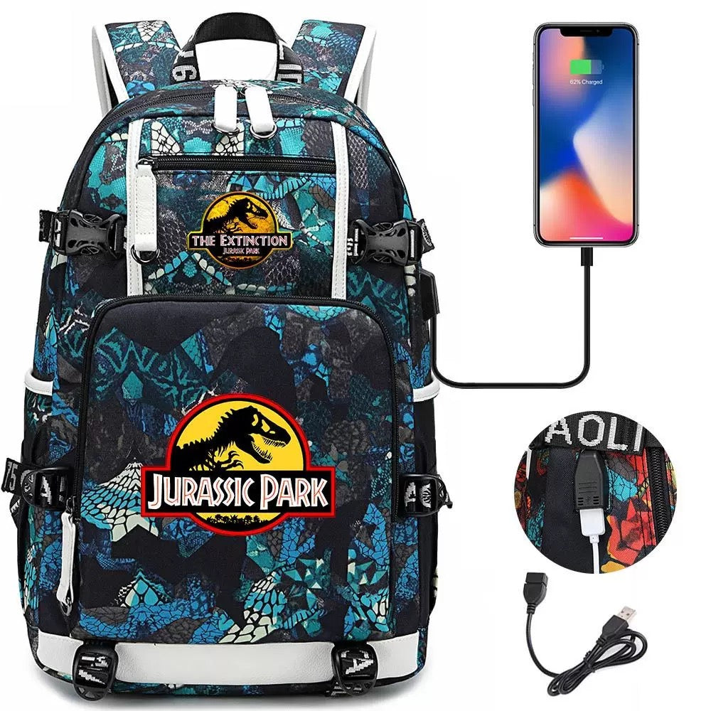 The Extinction Jurassic Park USB Charging Backpack School NoteBook Laptop Travel Bags