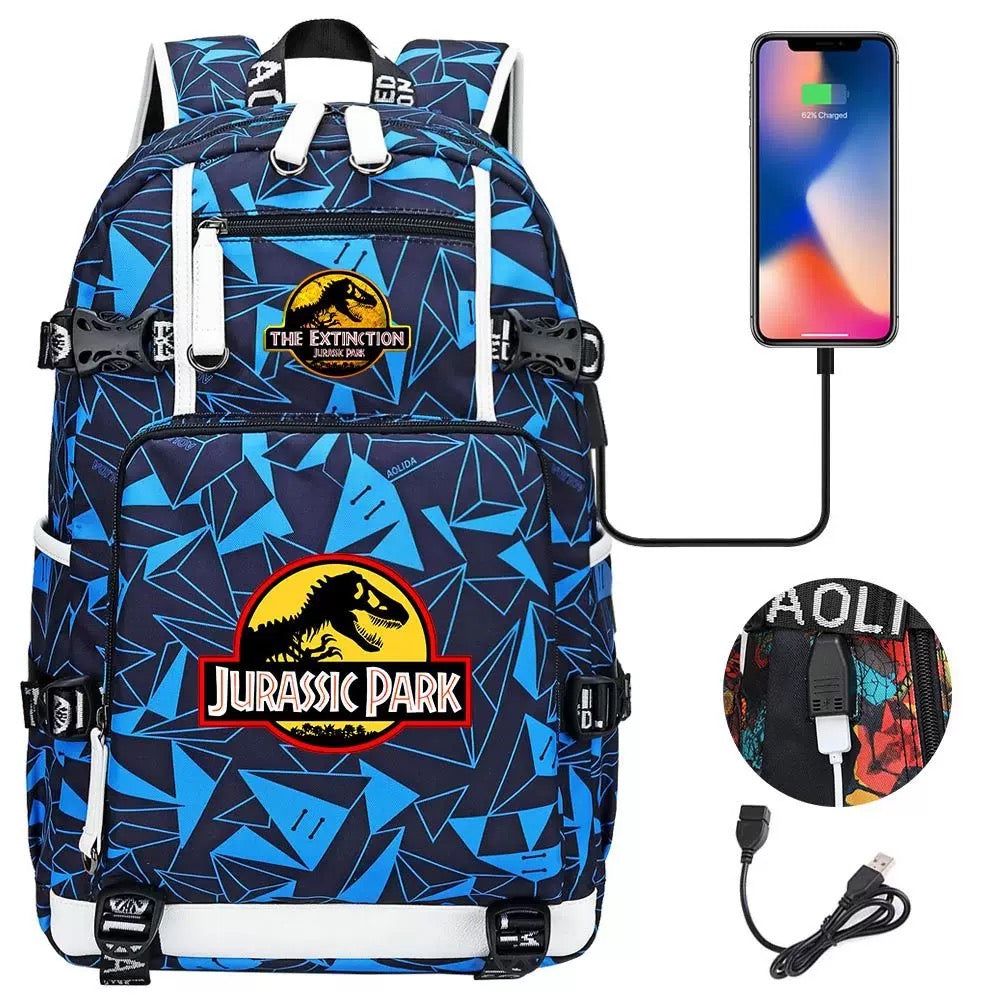 The Extinction Jurassic Park USB Charging Backpack School NoteBook Laptop Travel Bags