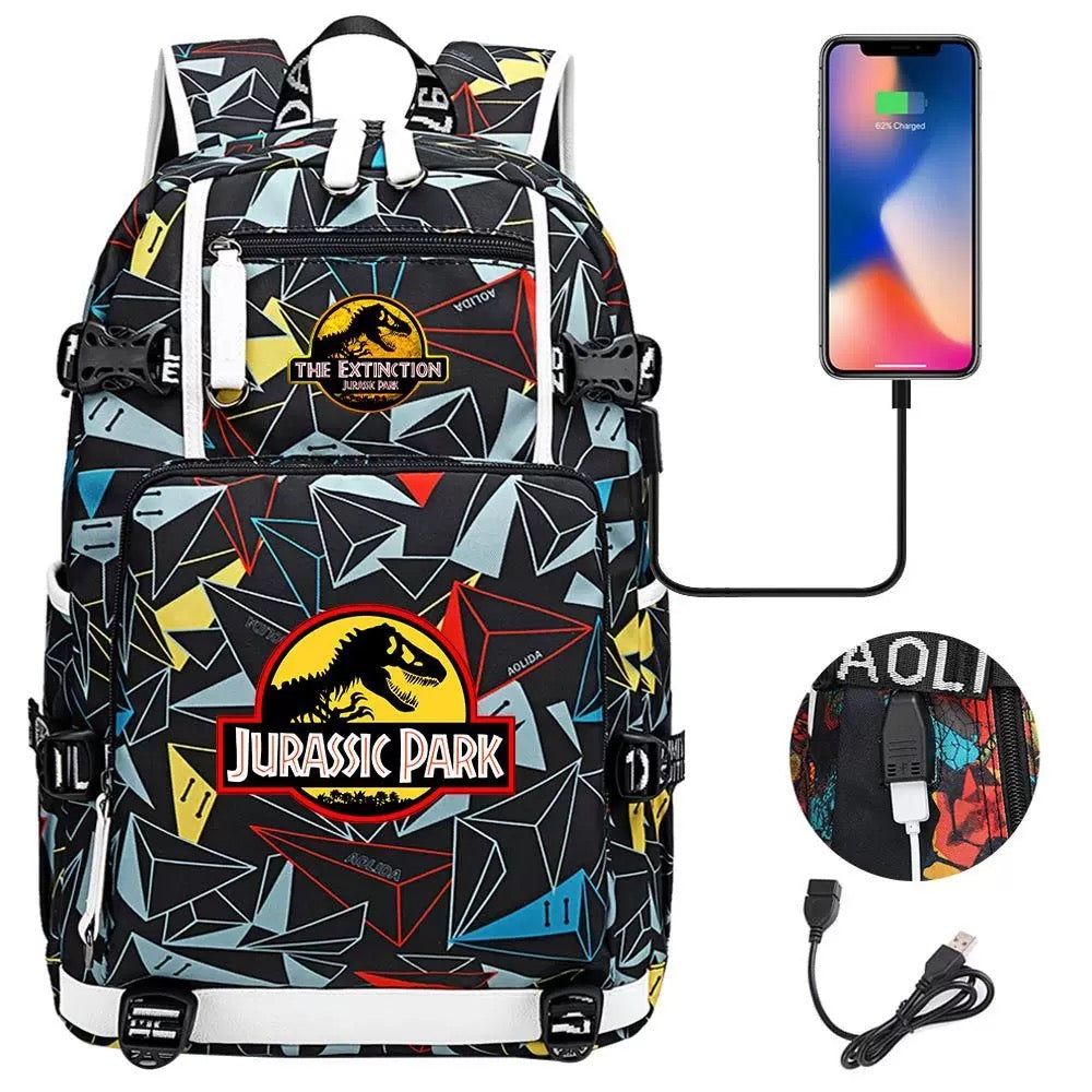 The Extinction Jurassic Park USB Charging Backpack School NoteBook Laptop Travel Bags