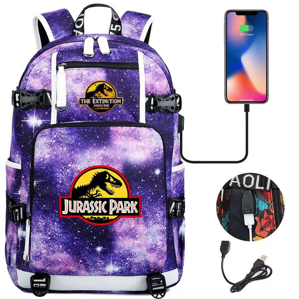 The Extinction Jurassic Park USB Charging Backpack School NoteBook Laptop Travel Bags