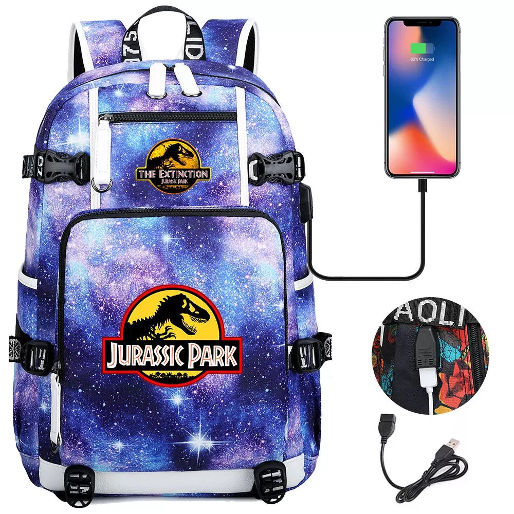 The Extinction Jurassic Park USB Charging Backpack School NoteBook Laptop Travel Bags