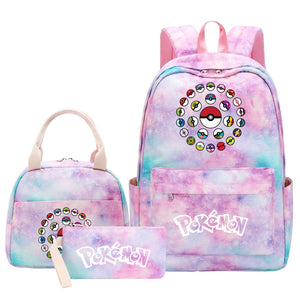 Pikachu Gengar Pink Starry Sky SchoolBag Backpack Lunch Box Bag Book Pencil Bags  3pcs Set