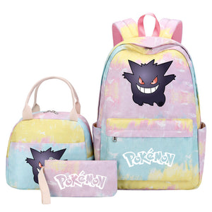 Pikachu Gengar Pink Starry Sky SchoolBag Backpack Lunch Box Bag Book Pencil Bags  3pcs Set
