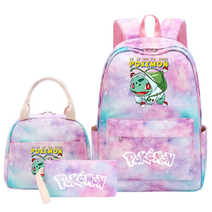 Pokemon Charmander Umbreon Flareon  Eevee Pink Starry Sky SchoolBag Backpack Lunch Box Bag Book Pencil Bags  3pcs Set