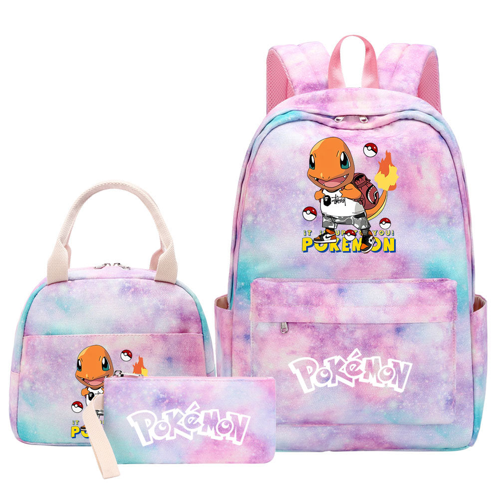 Pokemon Charmander Umbreon Flareon  Eevee Pink Starry Sky SchoolBag Backpack Lunch Box Bag Book Pencil Bags  3pcs Set