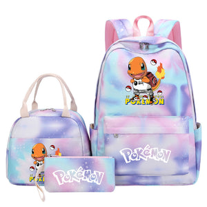 Pokemon Charmander Umbreon Flareon  Eevee Pink Starry Sky SchoolBag Backpack Lunch Box Bag Book Pencil Bags  3pcs Set