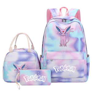 Pokemon Charmander Umbreon Flareon  Eevee Pink Starry Sky SchoolBag Backpack Lunch Box Bag Book Pencil Bags  3pcs Set
