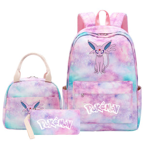 Pokemon Charmander Umbreon Flareon  Eevee Pink Starry Sky SchoolBag Backpack Lunch Box Bag Book Pencil Bags  3pcs Set