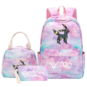 Pokemon Charmander Umbreon Flareon  Eevee Pink Starry Sky SchoolBag Backpack Lunch Box Bag Book Pencil Bags  3pcs Set