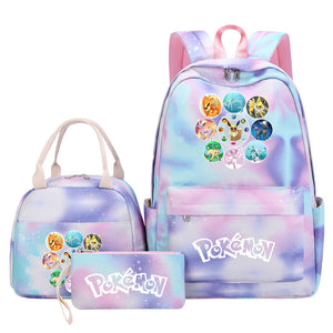 Pokemon Charmander Umbreon Flareon  Eevee Pink Starry Sky SchoolBag Backpack Lunch Box Bag Book Pencil Bags  3pcs Set