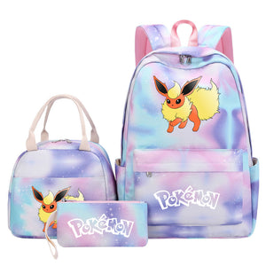 Pokemon Charmander Umbreon Flareon  Eevee Pink Starry Sky SchoolBag Backpack Lunch Box Bag Book Pencil Bags  3pcs Set