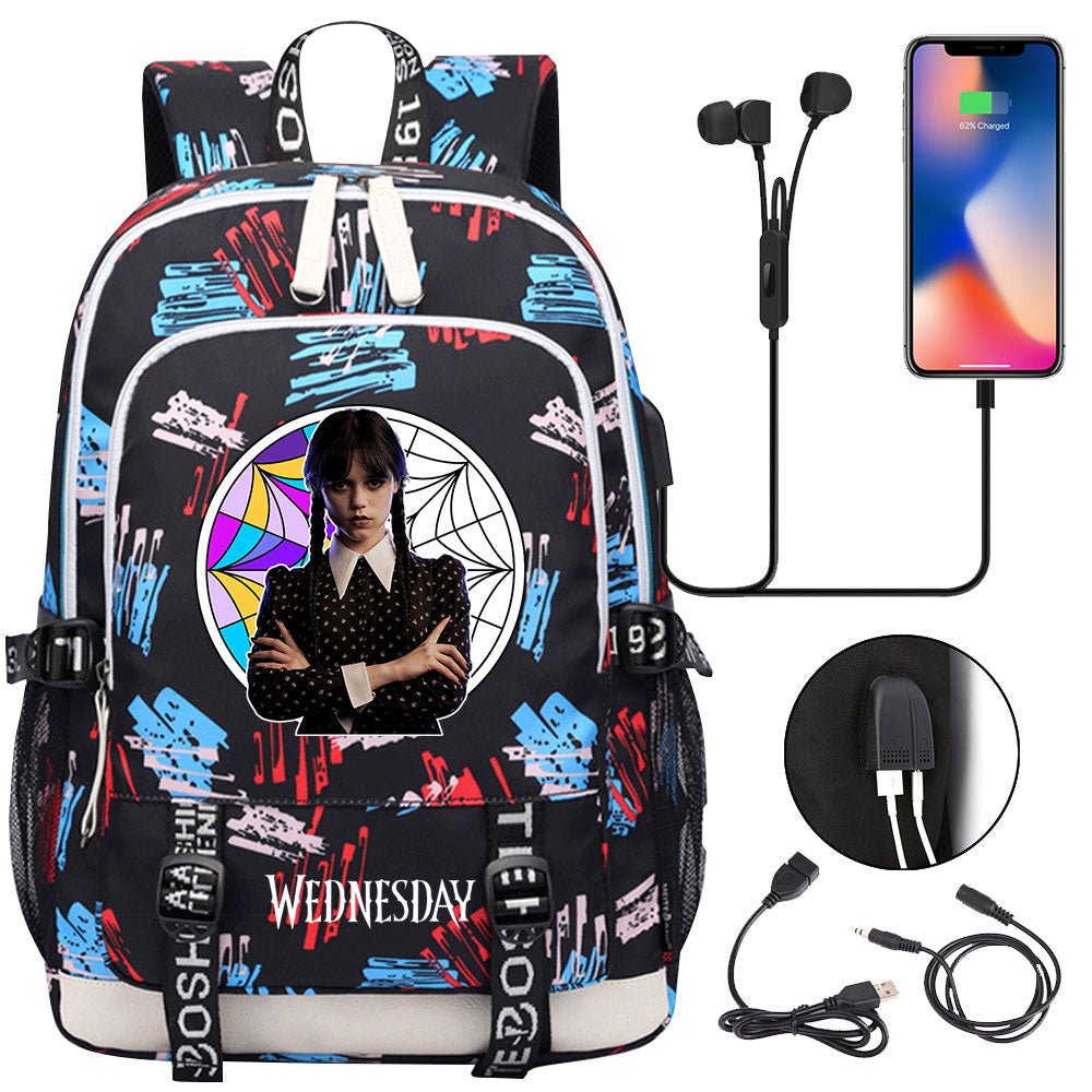 Wednesday Addams  USB Charging Backpack School Note Book Laptop Travel Bags