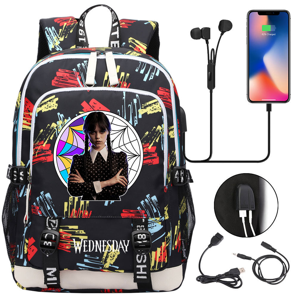 Wednesday Addams  USB Charging Backpack School Note Book Laptop Travel Bags