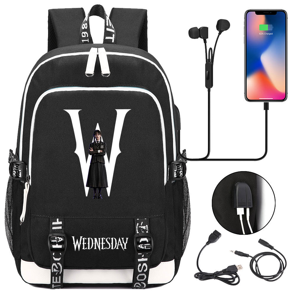Wednesday Addams  USB Charging Backpack School Note Book Laptop Travel Bags