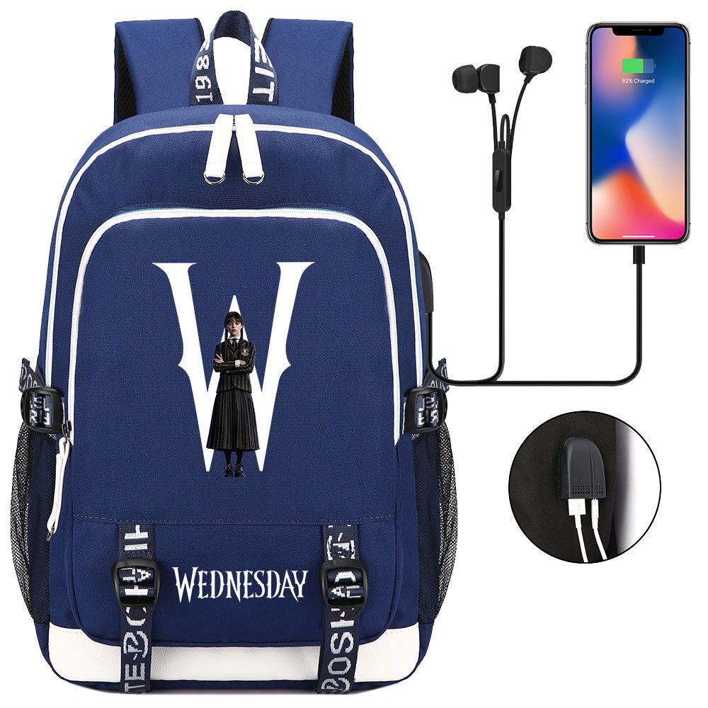 Wednesday Addams  USB Charging Backpack School Note Book Laptop Travel Bags
