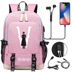 Wednesday Addams  USB Charging Backpack School Note Book Laptop Travel Bags