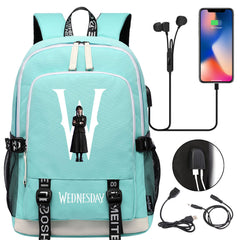 Wednesday Addams  USB Charging Backpack School Note Book Laptop Travel Bags