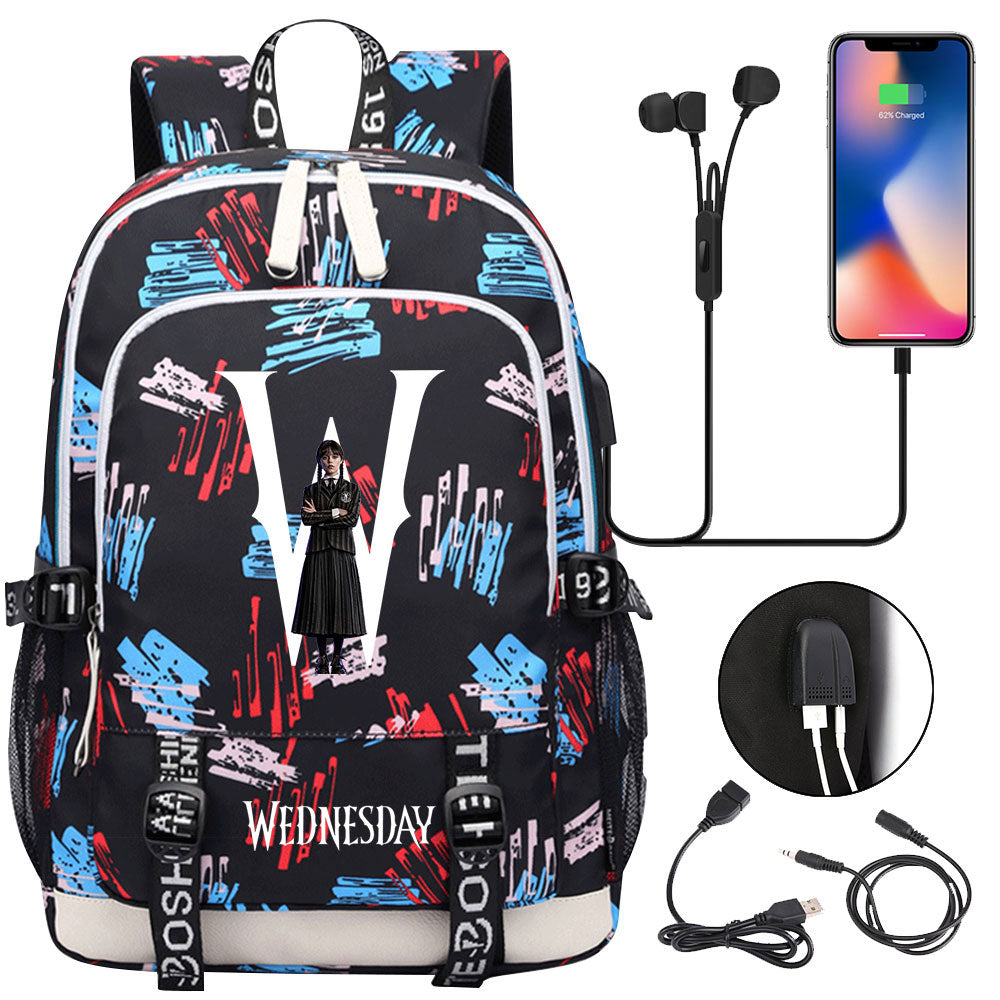 Wednesday Addams  USB Charging Backpack School Note Book Laptop Travel Bags