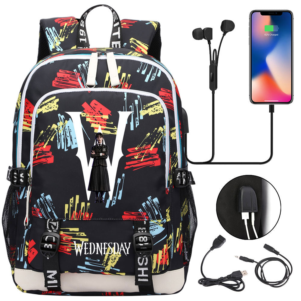 Wednesday Addams  USB Charging Backpack School Note Book Laptop Travel Bags