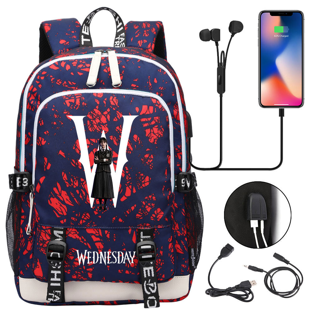 Wednesday Addams  USB Charging Backpack School Note Book Laptop Travel Bags