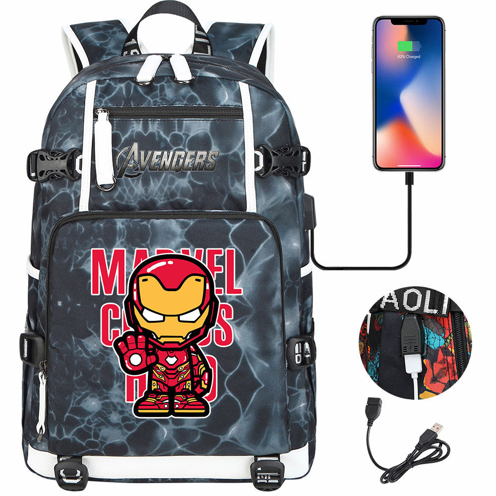 Avengers Superhero Iron Man Captain America Spiderman Hulk Thor Thanos USB Charging Backpack School NoteBook Laptop Travel Bags