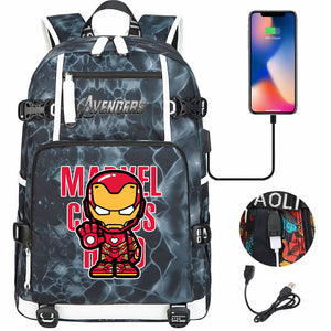 Avengers Superhero Iron Man Captain America Spiderman Hulk Thor Thanos USB Charging Backpack School NoteBook Laptop Travel Bags