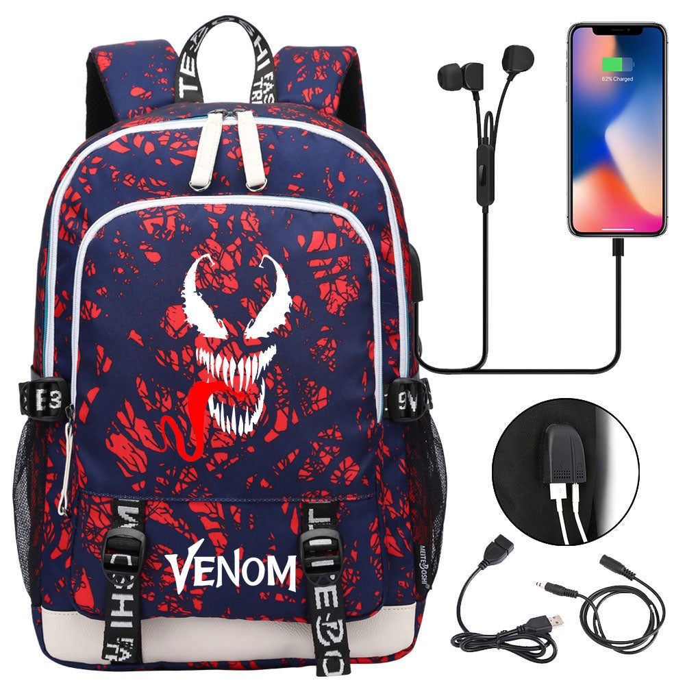 Venom Superhero USB Charging Backpack School Note Book Laptop Travel Bags