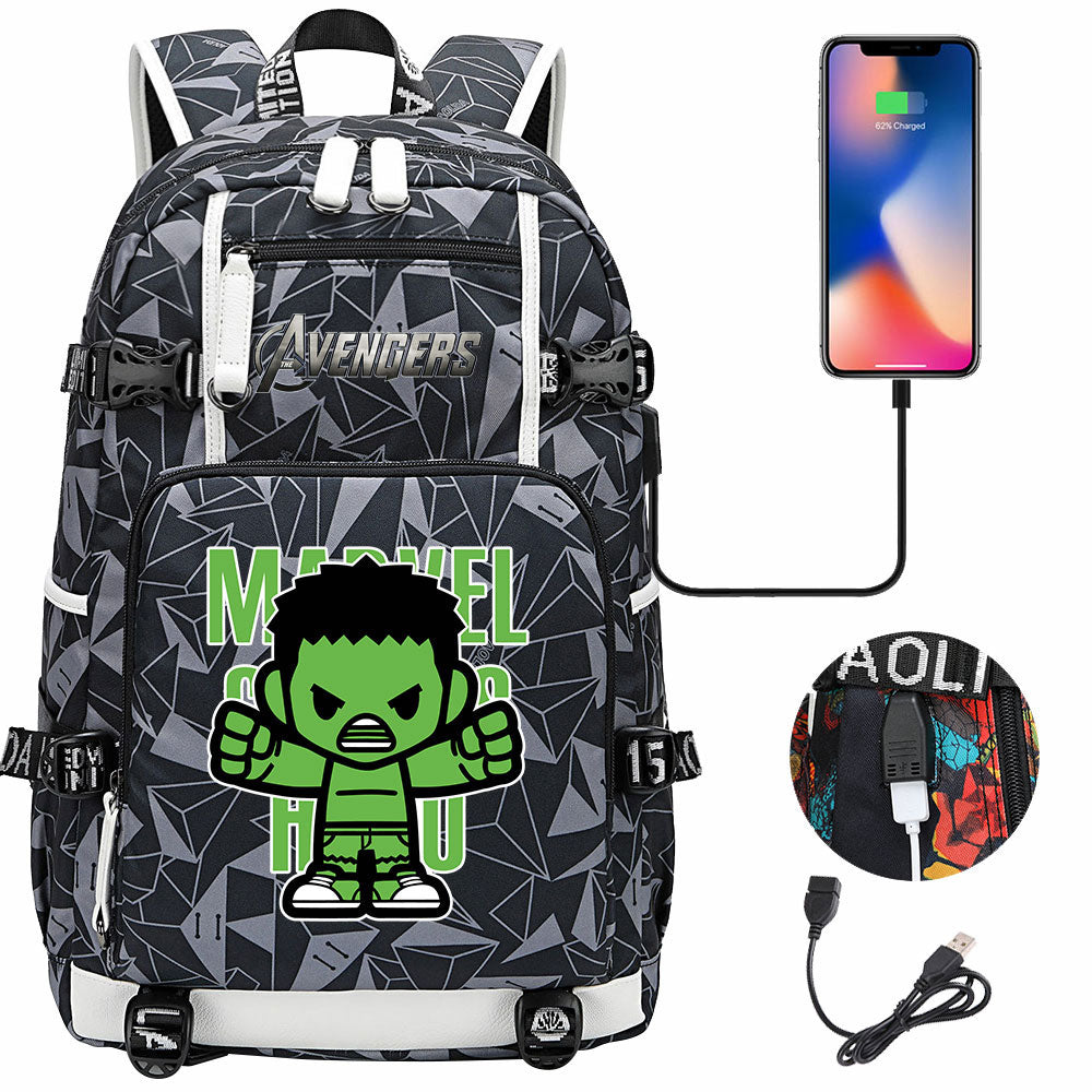 Avengers Superhero Iron Man Captain America Spiderman Hulk Thor Thanos USB Charging Backpack School NoteBook Laptop Travel Bags