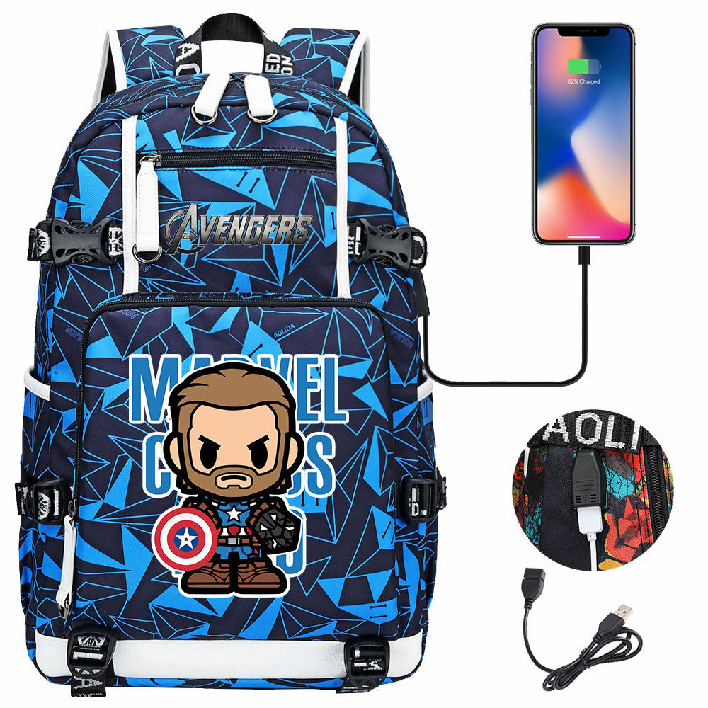 Avengers Superhero Iron Man Captain America Spiderman Hulk Thor Thanos USB Charging Backpack School NoteBook Laptop Travel Bags