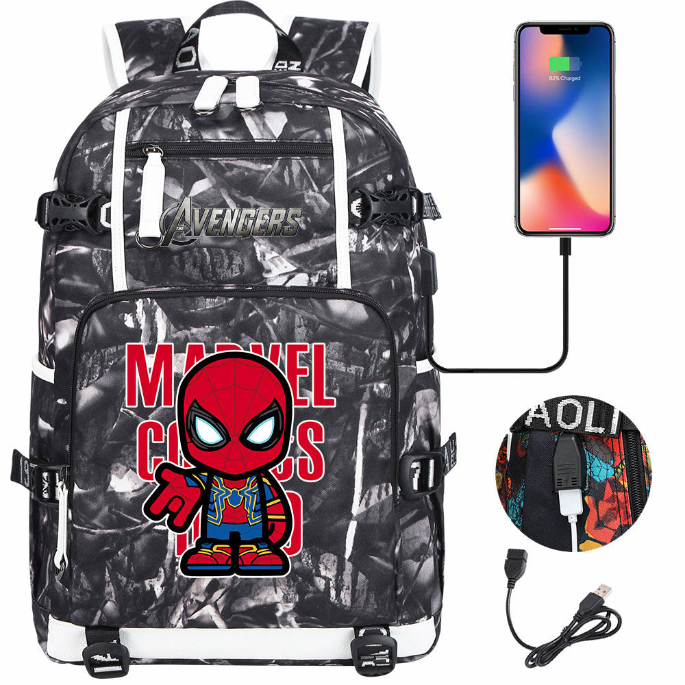 Avengers Superhero Iron Man Captain America Spiderman Hulk Thor Thanos USB Charging Backpack School NoteBook Laptop Travel Bags
