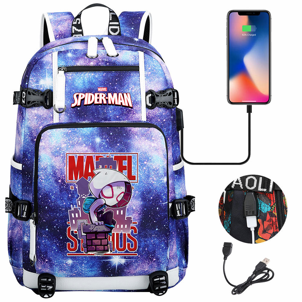 Spiderman Gwen Miles Morales  USB Charging Backpack School NoteBook Laptop Travel Bags