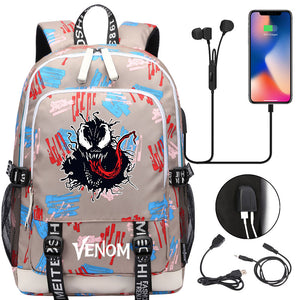 Venom Superhero USB Charging Backpack School Note Book Laptop Travel Bags