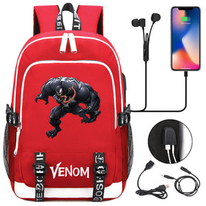 Venom Superhero USB Charging Backpack School Note Book Laptop Travel Bags