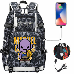 Avengers Superhero Iron Man Captain America Spiderman Hulk Thor Thanos USB Charging Backpack School NoteBook Laptop Travel Bags