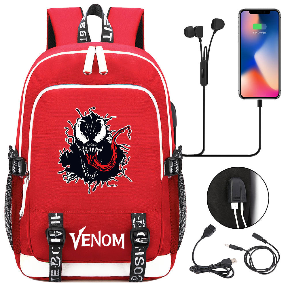 Venom Superhero USB Charging Backpack School Note Book Laptop Travel Bags