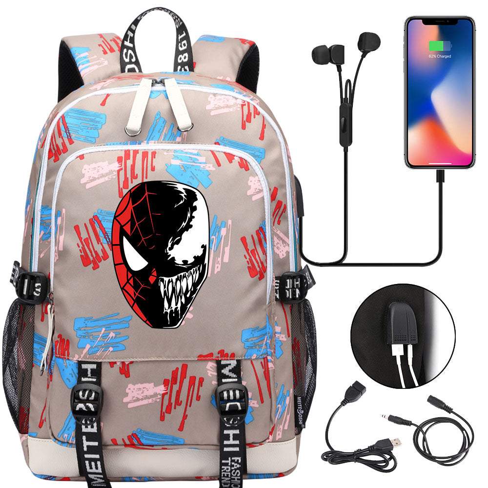 Spiderman Venom Superhero USB Charging Backpack School Note Book Laptop Travel Bags