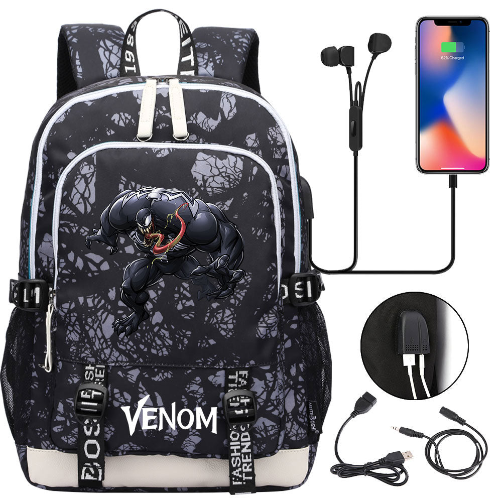 Venom Superhero USB Charging Backpack School Note Book Laptop Travel Bags