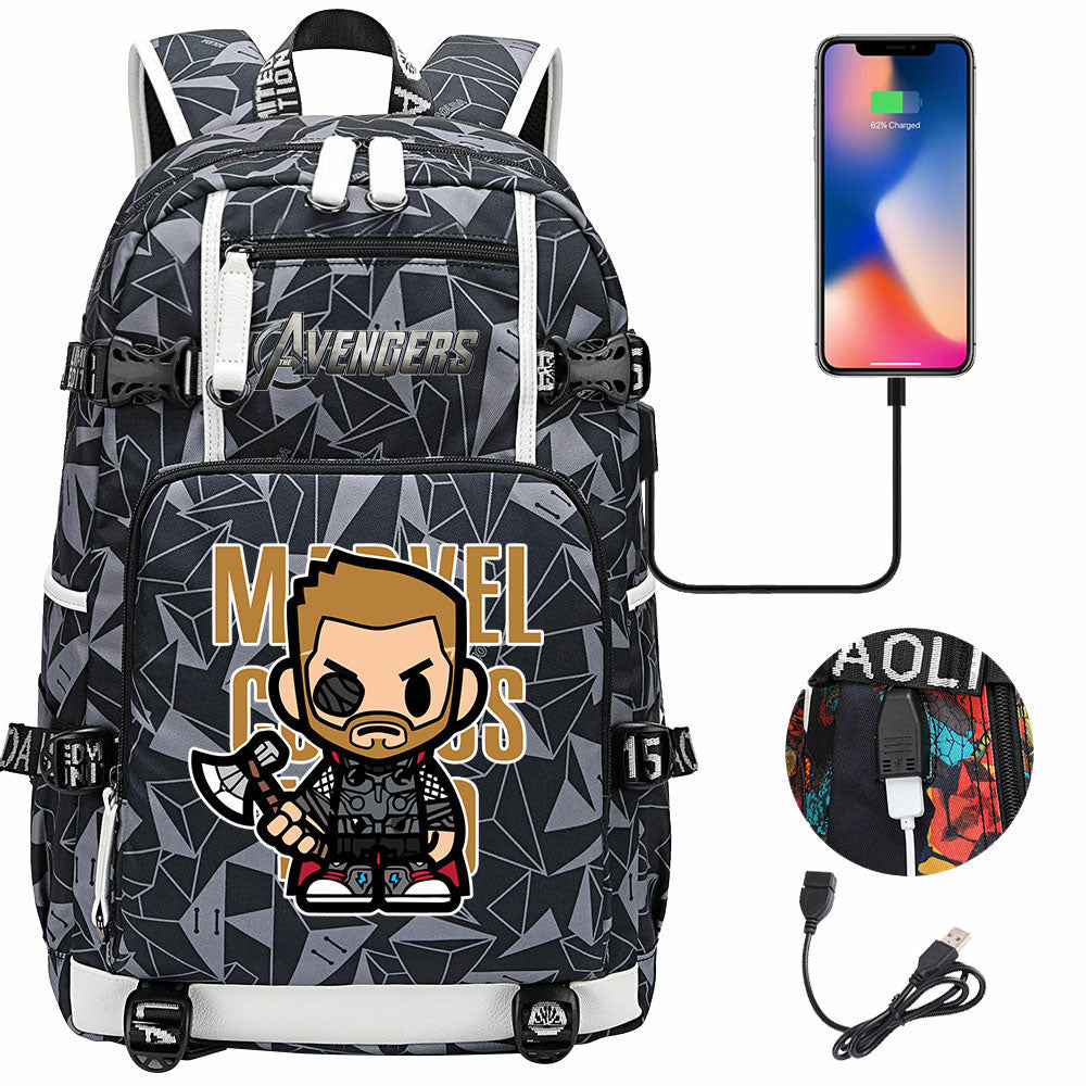 Avengers Superhero Iron Man Captain America Spiderman Hulk Thor Thanos USB Charging Backpack School NoteBook Laptop Travel Bags