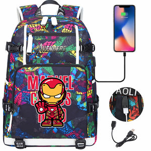 Avengers Superhero Iron Man Captain America Spiderman Hulk Thor Thanos USB Charging Backpack School NoteBook Laptop Travel Bags