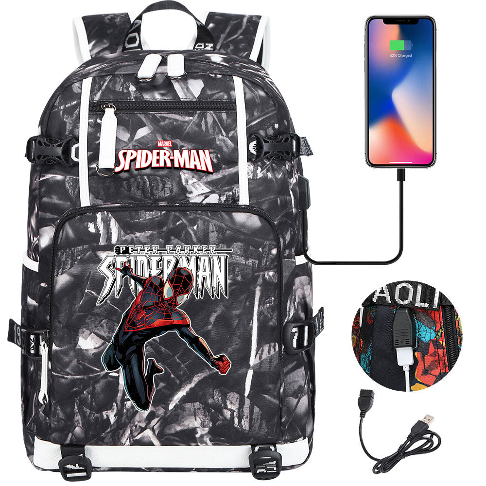 Spiderman Gwen Miles Morales  USB Charging Backpack School NoteBook Laptop Travel Bags